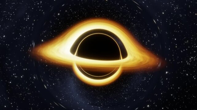 Black hole with a glowing accretion disk bending light in deep space as the camera slowly pushes in