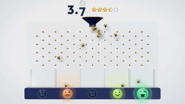 Customer rating animation, gold stars fall through a peg board into emoji feedback bins as score rises to 4.9