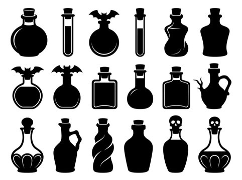 Vector set of magic potion bottles, test tubes, and vials. Assorted shapes, cork stoppers, bat wings, and skull caps for alchemy, witchcraft, fantasy, Halloween, science designs.ai