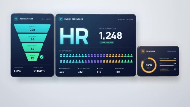 HR dashboard animation with employee count, recruitment funnel, payroll, training and performance widgets