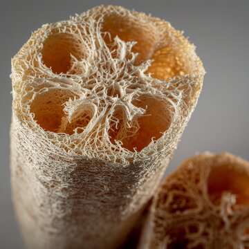 乾燥したヘチマたわしの繊維と空隙の接写