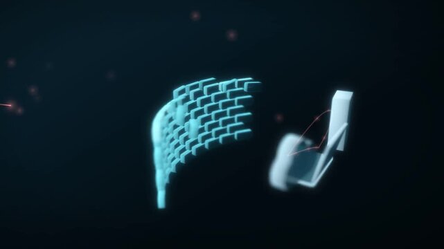 Cybersecurity firewall animation, hologram brick wall forms around server, laptop and cloud to block threats