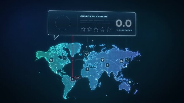 Global customer reviews animation on a world map, star rating climbs from 1 to 4.9 as the emoji turns happy