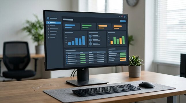 Procurement software on office desk monitor, purchasing and sourcing technology workspace