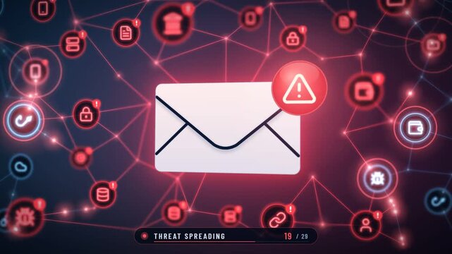 Malicious email threat spreads red across a network until a shield secures every node in cyan