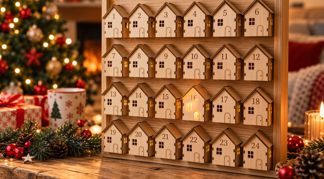 Wooden advent calendar with 24 numbered house-shaped doors, one glowing window, fir branches, pine cones and red baubles on a table, christmas tree, gift boxes and candle in the blurred background