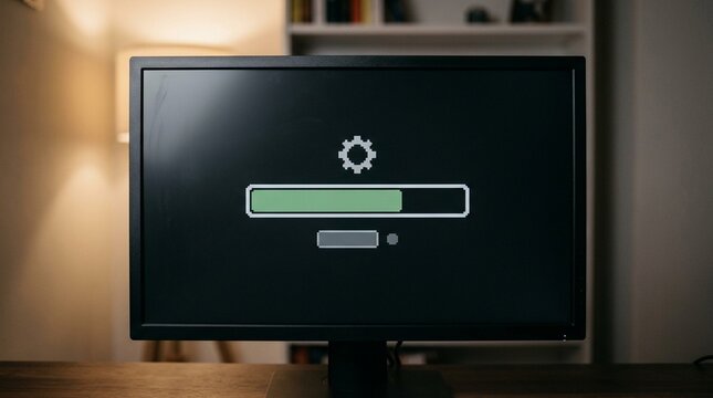 Software update notification screen on computer monitor, system upgrade and IT maintenance concept