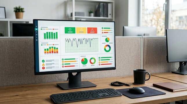 Software uptime monitoring report on office desk, IT reliability and system availability analysis concept