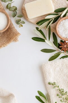 Natural spa and wellness flat lay with handmade soap, sea salt, olive and eucalyptus branches, towels and rustic textures on a white background with large copy space, vertical composition