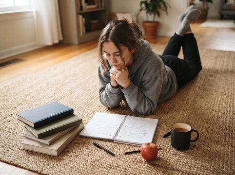 A young female wearing comfortable casual clothes lies on a woven rug while carefully reading a notebook surrounded by stacked books, an apple, and a warm beverage in a cozy room.