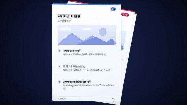 Document translation animation, welcome guide is translated into Japanese, Hindi and Chinese language versions