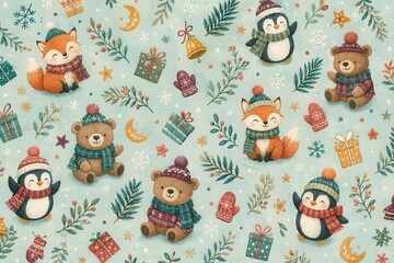 Fototapeta premium Woodland animals festive gifts seamless winter holiday pattern