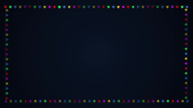 Retro pixel art Christmas lights border blinking on dark background loop.