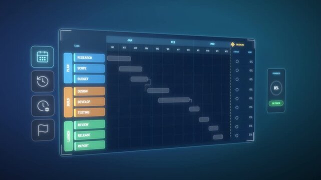 Holographic Gantt chart animation, project timeline tasks fill in as a playhead tracks progress to 100 percent