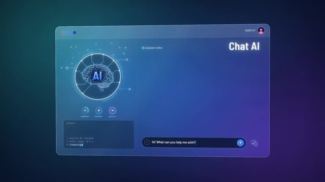 AI chatbot interface animation, a brain icon opens a chat window that answers translation and summary prompts