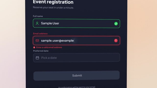 Event registration form animation, fields fill in with email validation, date picker and a submit button