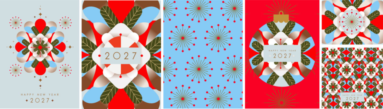 Merry Christmas and Happy New Year. Vector abstract modern illustration with festive ornament, snowflake, Christmas ball, gradient geometric shapes, seamless pattern for greeting card, poster, banner,