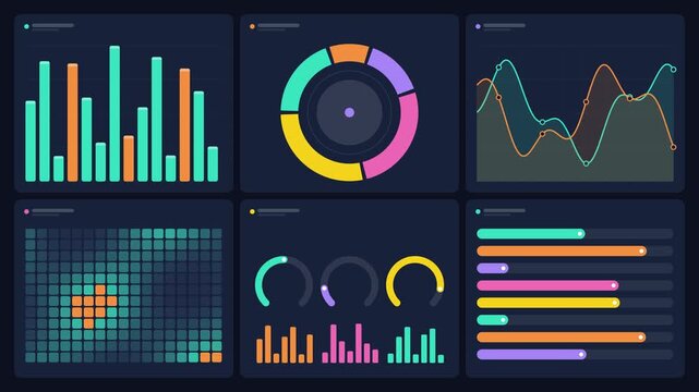 A collection of colorful digital data visualization dashboard elements featuring various charts graphs and analytical components on a dark background