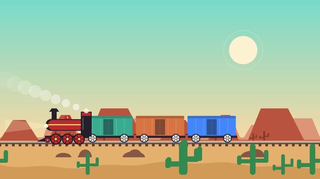 A colorful steam train engine pulling several wagons across a vast desert landscape under a bright sun in flat illustration