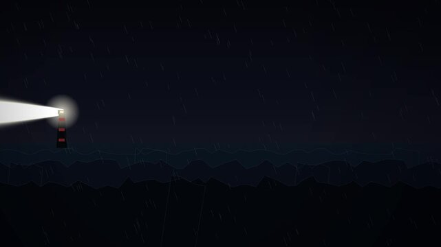 A solitary lighthouse stands on a dark rocky coast, shining a bright beam of light across the stormy night sea