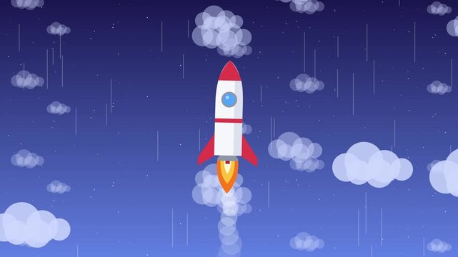 A stylized flat illustration of a white space rocket launching upward through a dark blue sky with many soft clouds