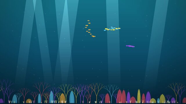 A stylized flat vector illustration of an underwater scene featuring colorful abstract seaweed and small fish in deep ocean water