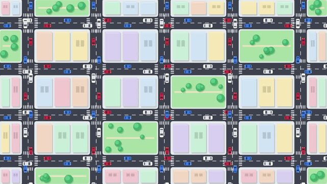A top-down view of a colorful city grid layout featuring suburban blocks, scattered trees, and small toy cars on roads.