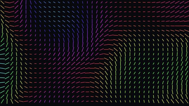 Abstract background featuring a regular grid of colorful neon lines arranged in a flowing wave pattern on a black surface