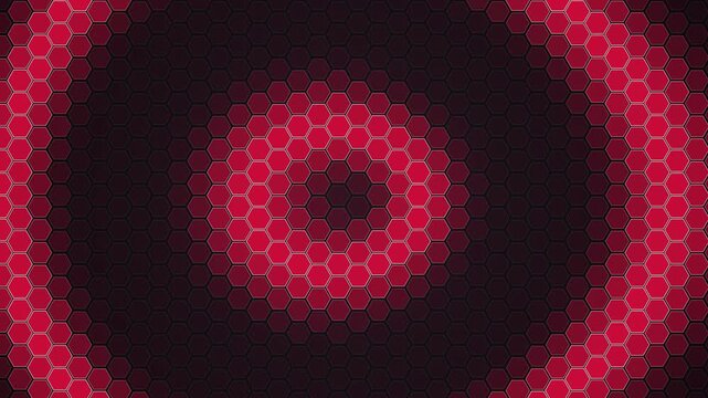 Abstract background featuring a repeating red honeycomb pattern arranged in concentric circular rings on a dark black textured surface backdrop