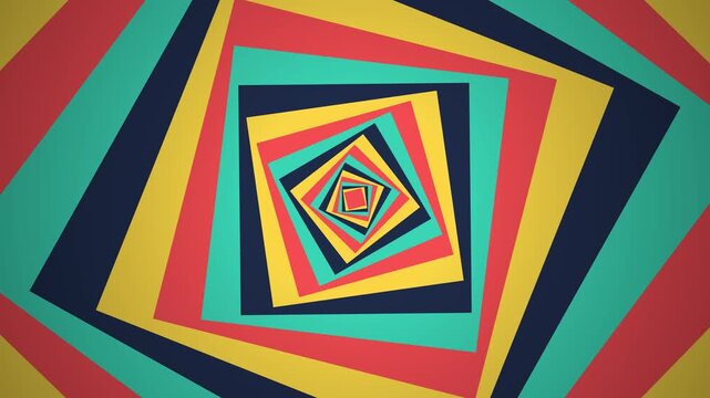 Abstract background featuring a rotating tunnel effect made of nested colorful square geometric shapes with vibrant retro pop art color