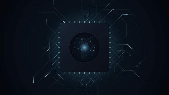 Abstract digital microprocessor chip with glowing center and radiating electronic circuit lines on a dark blue tech background for concepts