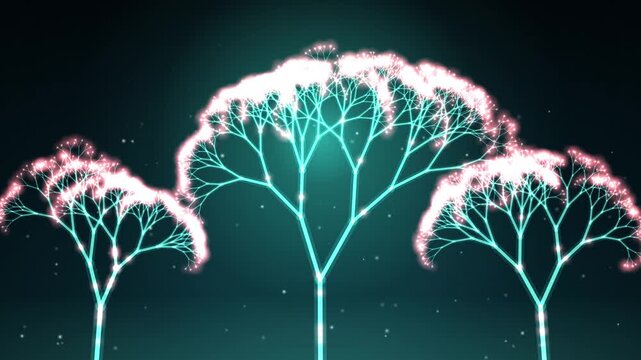 Abstract digital trees composed of glowing light filaments and sparkling particles on a dark blue background representing technology and nature