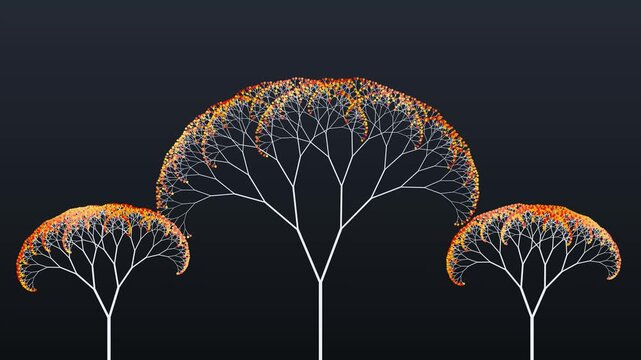 Abstract fractal tree structures displaying intricate branch patterns with glowing orange particles isolated against a deep dark navy blue background