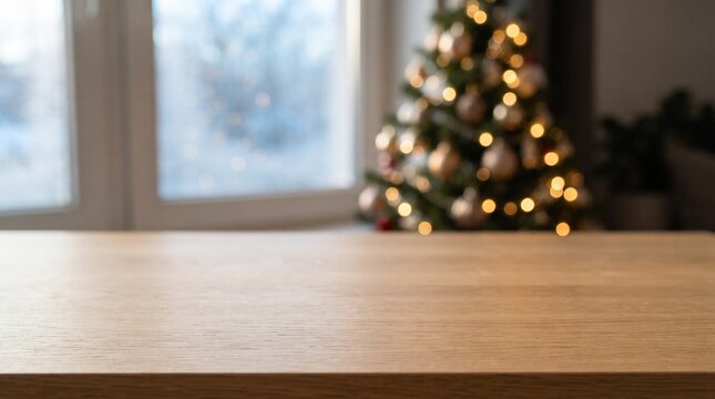 Empty wooden table in front of blurred winter holiday background