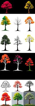 Ten stylized tree shapes in filled and outlined versions, art, vector
