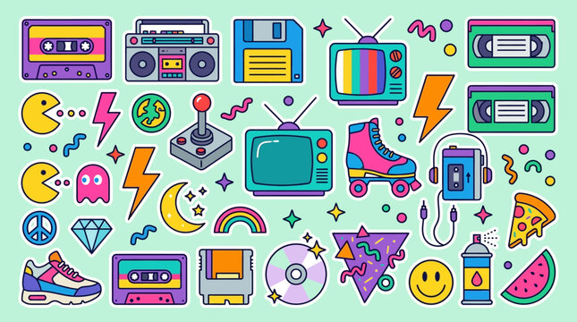 Retro 80s and 90s Sticker Pack with colorful vector icons of cassette tapes, boombox, and vintage electronics, ideal for nostalgic graphic design and retro-themed branding.