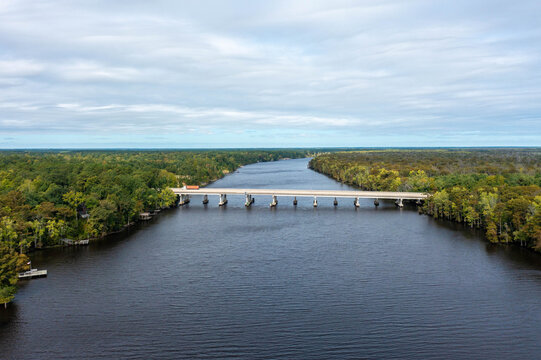 Aerial View of A Bridge Over the Chowan River in Near Winton North Carolina
