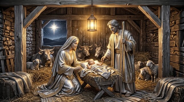 Nativity Scene with Mary Joseph and Baby Jesus in a Stable with Animals and the Christmas Star