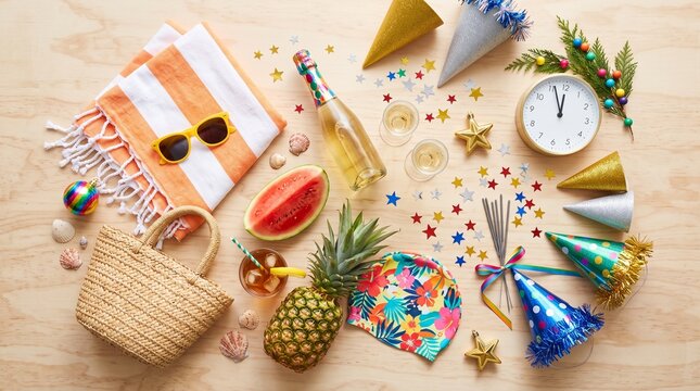 Summer Party Essentials: A vibrant flat lay of beach and party items, including a striped towel, sunglasses, fruit, champagne, hats, and confetti, hinting at a festive summer celebration.