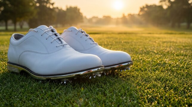 Pair of Classic White Leather Golf Shoes with Spikes on Lush Green Fairway at Sunrise