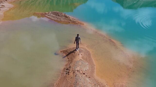Man standing on a sand spit in a quarry lake with cloud reflections