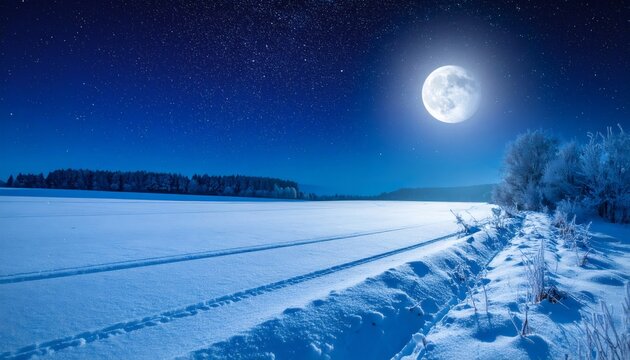 Full moon illuminating winter landscape with starry sky