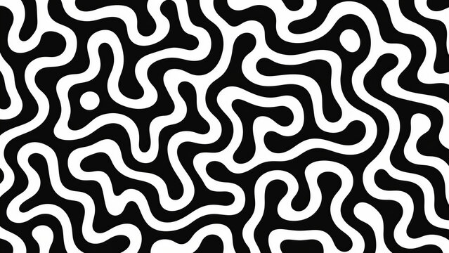 Monochromatic organic line pattern features smooth black and white curving maze shapes.