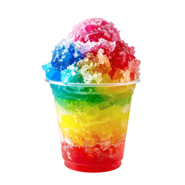 Rainbow shaved ice dessert served in a clear plastic cup featuring vibrant colorful syrup layers and crushed ice crystals&nbsp;