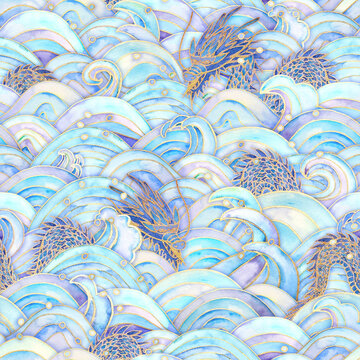 Chinese dragons and ocean waves watercolor seamless pattern