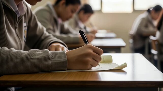 Close-up of students focused on taking a written exam in a bright classroom setting.