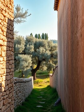 Weathered stone walls surround a centuries-old olive grove with sprawling trees, agriculture, italy