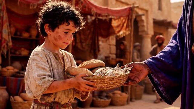 Young boy offering bread and fish basket to a man in ancient market