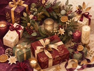 Fototapeta premium Elegant Christmas gifts, wreath, candles, ribbons, festive decor