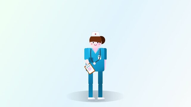Flat character nurse walking and standing in blue uniform 4K 60 FPS